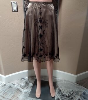 Constance Marie Gold and Black Embroidered Sheer Net Overlay Midi Skirt